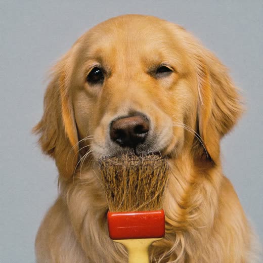 A slicker brush working through a thick golden coat