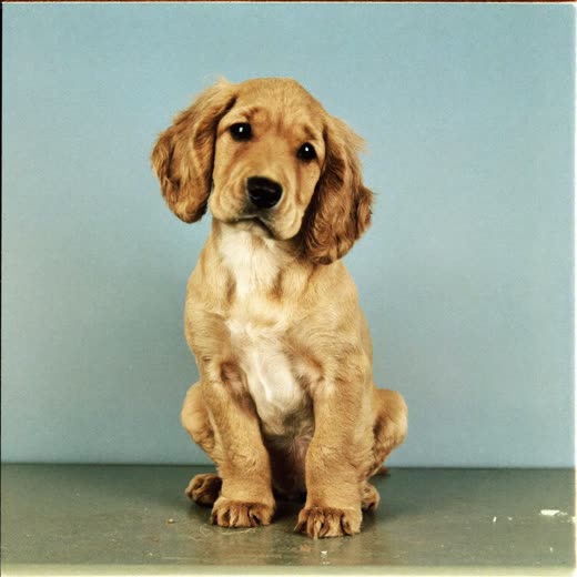 A young cockapoo puppy sitting on a grooming table